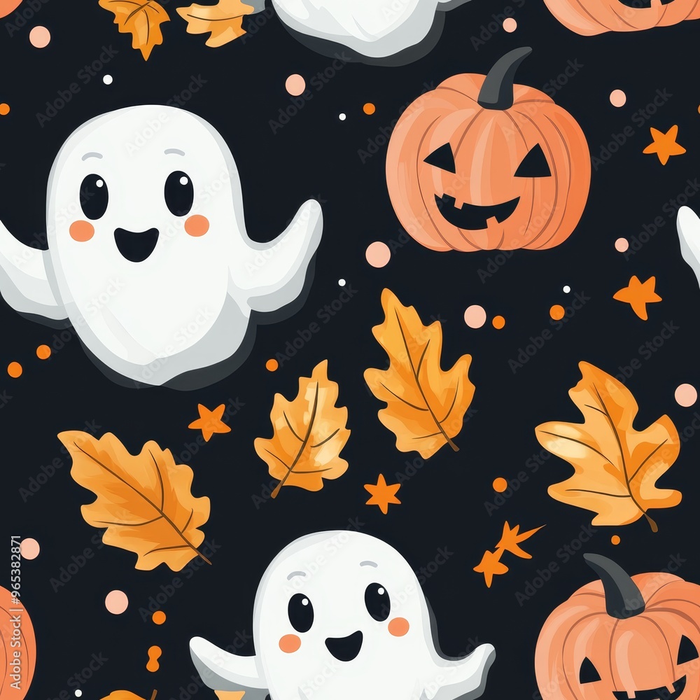 A Halloween themed pattern of white ghosts and leaves A Halloween themed pattern of white ghosts and leaves