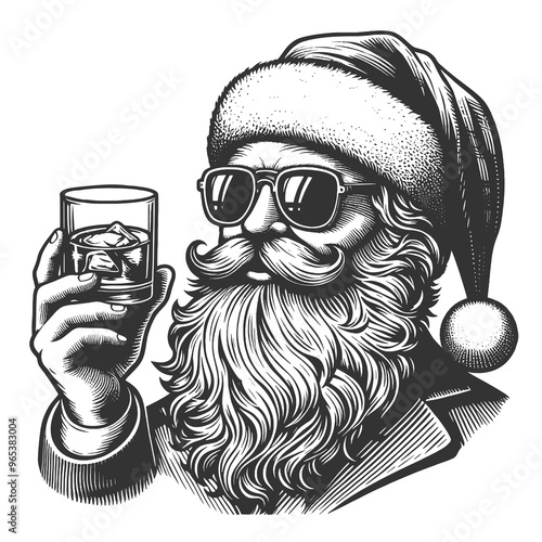 Santa Claus in sunglasses, enjoying a whisky cocktail with a lemon slice and ice cubes sketch engraving generative ai raster illustration. Scratch board imitation. Black and white image.