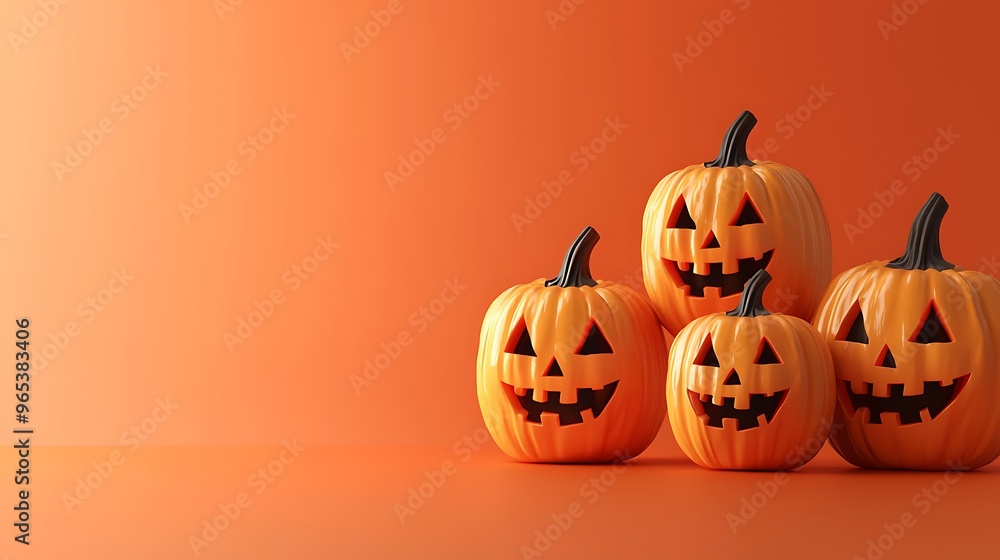 3D render of Halloween pumpkins with carved faces, ultra-sharp focus, solid burnt orange background 3D render of Halloween pumpkins with carved faces, ultra-sharp focus, solid burnt orange background