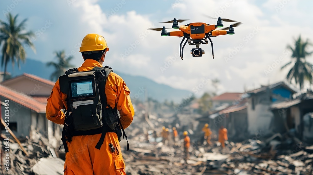 Rescue Worker Using Drone to Guide Survivors to Safety After Natural Disaster Rescue Worker Using Drone to Guide Survivors to Safety After Natural Disaster