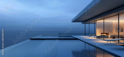 Modern villa on the sea with a pool and glass walls overlooking the ocean, perfect for luxury vacation or real estate marketing Generative AI