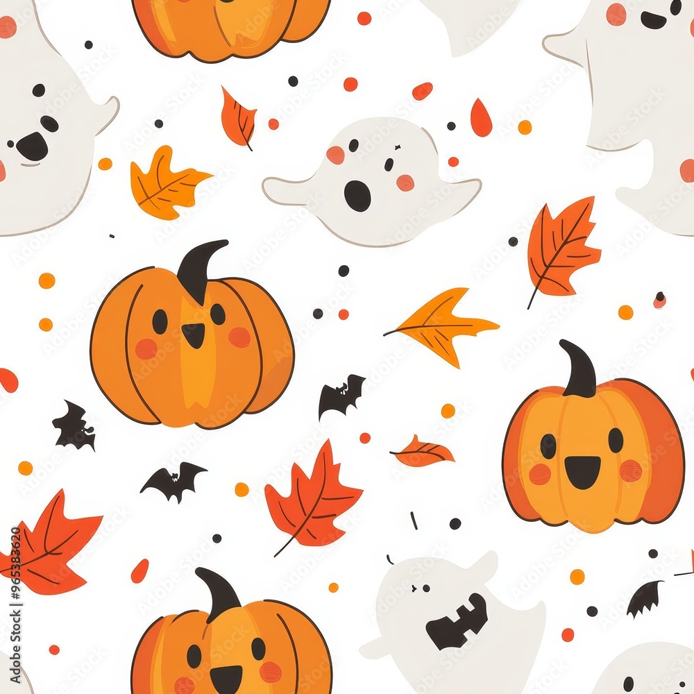 A Halloween themed pattern of white ghosts and leaves A Halloween themed pattern of white ghosts and leaves