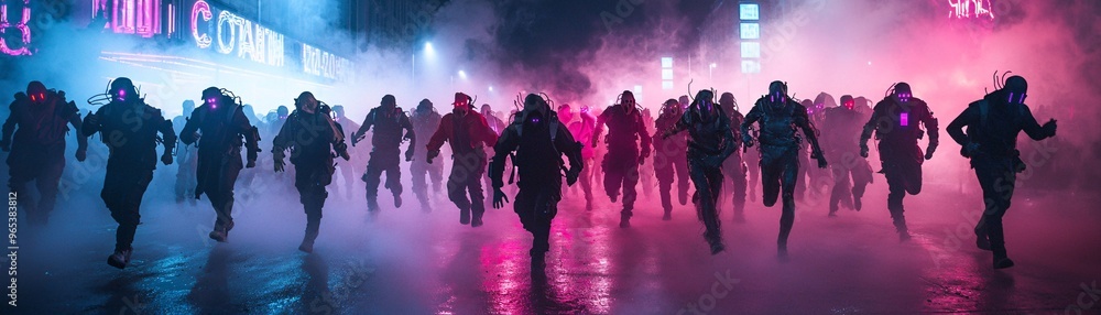 Φωτογραφία A group of characters in neon-lit, tech-enhanced Halloween costumes walking through a dystopian street filled with fog and glowing signs