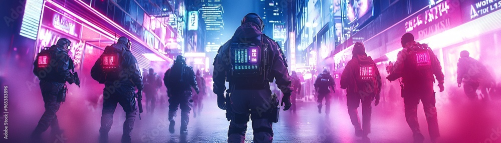 Φωτογραφία A group of characters in neon-lit, tech-enhanced Halloween costumes walking through a dystopian street filled with fog and glowing signs