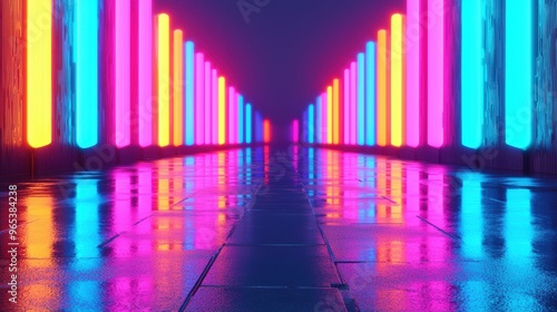 Neon Glow: Vibrant Futuristic Cityscape with Reflections on Rainy Streets - 3D Rendered with Ray Tracing in Ultra HD