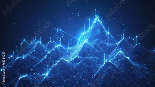 Abstract digital mountain and growth graph chart on technology blue background. Milestone and success business concept. Mountain range landscape and arrow up with histogram. Vector illustration.  photo