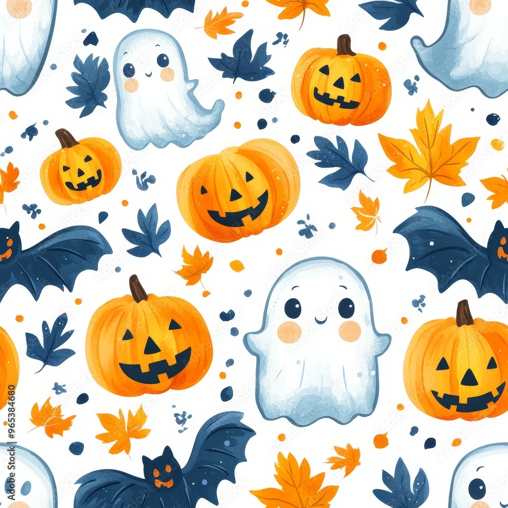 A Halloween themed pattern of white ghosts and leaves A Halloween themed pattern of white ghosts and leaves