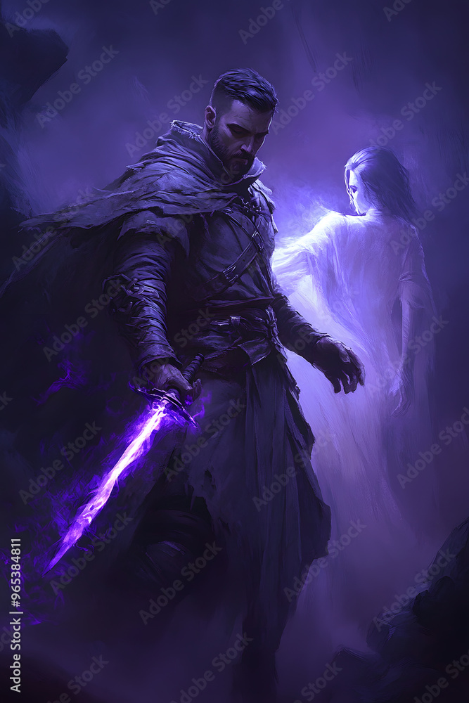 A strong looking mage in his thirties with a short beard, wielding a short sword glowing with dark purple energy A strong looking mage in his thirties with a short beard, wielding a short sword glowing with dark purple energy