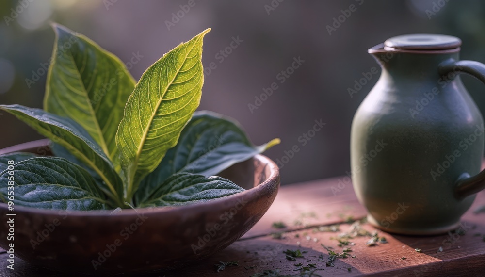 Fresh Green Herbal Leaves with a Traditional Jug in Natural Light