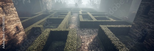 Aerial view of a misty maze with lush hedges and cobblestone paths, creating an enigmatic atmosphere.