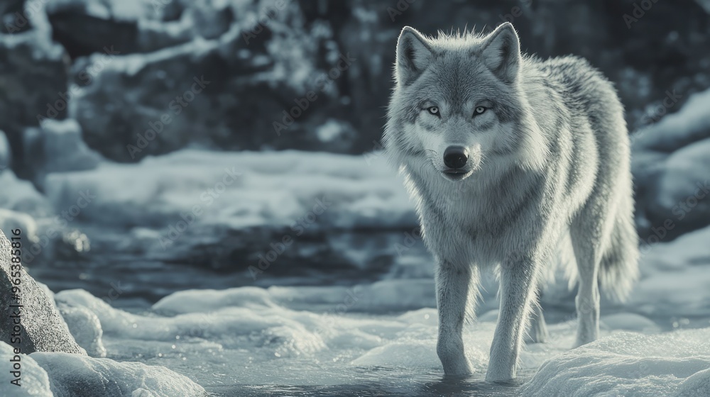 Obraz premium A White Wolf Standing in a Snowy Stream
