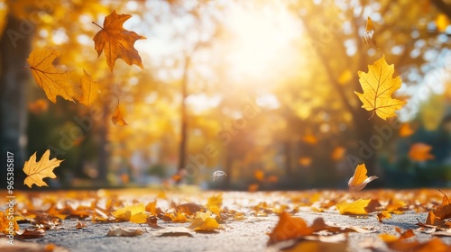 autumn background with golden leaves falling in a sunny park, capturing the essence of fall with yellow and orange leaves, perfect for a nature-themed design with ample copy space