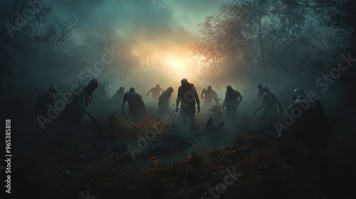 Haunting cemetery at night with zombies emerging from graves, their skeletal forms lit by the ghostly light of a full moon, surrounded by ancient tombstones.