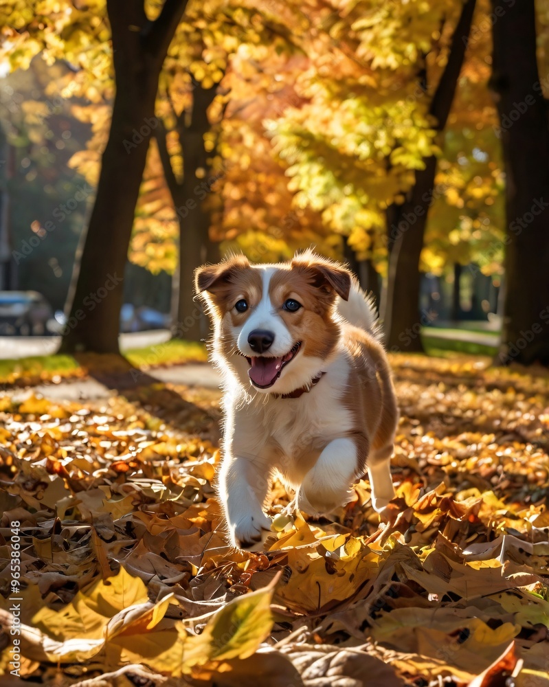 Happy Puppy Running Through Autumn Leaves Happy Puppy Running Through Autumn Leaves