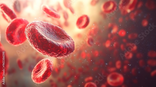 This image depicts a close-up view of red blood cells within the human bloodstream, highlighting the cells' distinctive biconcave disc shape and rich red color. photo