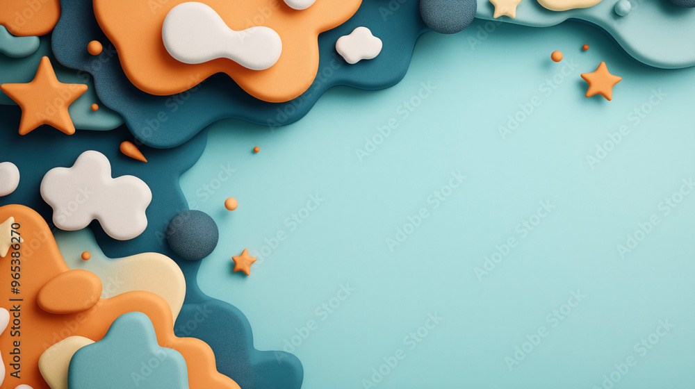 Abstract 3D layered paper cut style background with geometric shapes in orange, blue, and white. Stars, clouds, and circles create a playful and dynamic composition. Abstract 3D layered paper cut style background with geometric shapes in orange, blue, and white. Stars, clouds, and circles create a playful and dynamic composition.