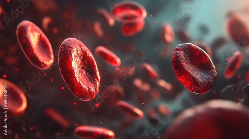 This image depicts a close-up, highly-detailed visualization of red blood cells flowing within the bloodstream, highlighting the cells' structure and the fluid environment they're in.