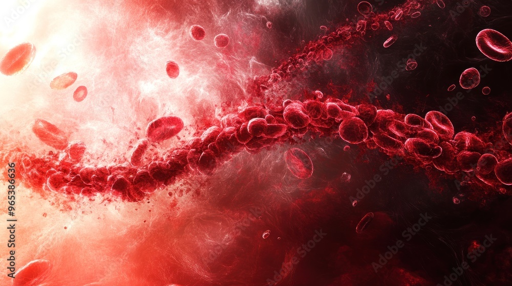 This image shows a close-up artistic representation of red blood cells ...