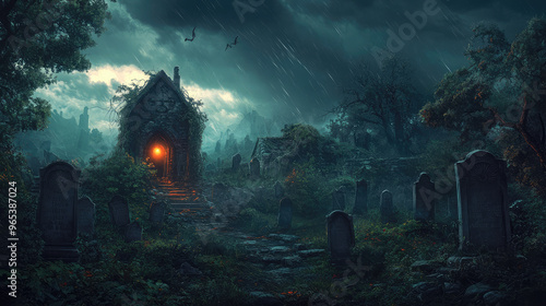 A graveyard with a small house and a cemetery with many graves