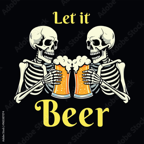 Vector Streetwear T-shirt design a Skeleton with a Beer. Beerfest photo