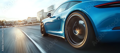 Blue sports car driving fast on a highway, blurred background with city buildings.