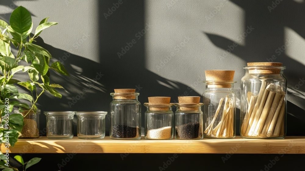 A sustainable wooden product shelf with bamboo and glass jars, space for copy. A sustainable wooden product shelf with bamboo and glass jars, space for copy.