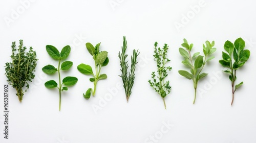 Fresh Herbs Arranged in a Row on White Background