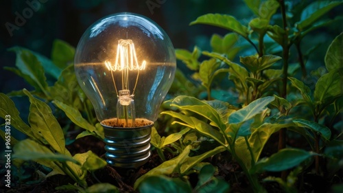 Single Light Bulb Glowing in Green Foliage 