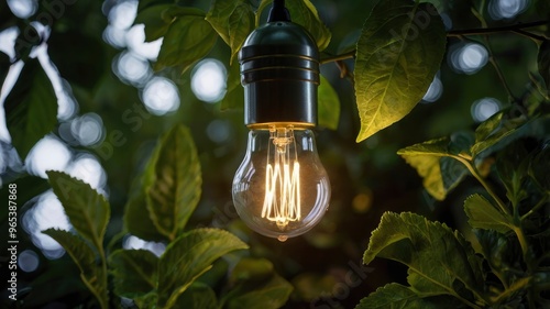 Single Light Bulb Glowing in Green Foliage 