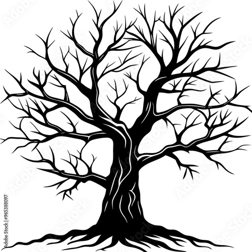 A detailed black and white drawing depicting a tree that is devoid of leaves