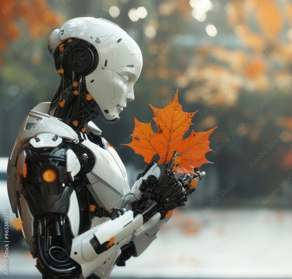 a white humanoid robot is in the park, he is holding a beautiful orange autumn leaf a white humanoid robot is in the park, he is holding a beautiful orange autumn leaf
