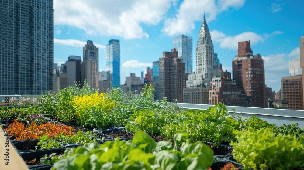 An urban garden on a rooftop with skyscrapers in the background and clear copy space in the sky. An urban garden on a rooftop with skyscrapers in the background and clear copy space in the sky.