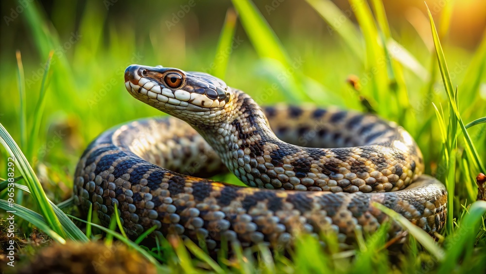 The Common European Adder slithers silently through lush green grass, sunlight dancing across its scales in a mesmerizing display of serenity. The Common European Adder slithers silently through lush green grass, sunlight dancing across its scales in a mesmerizing display of serenity.