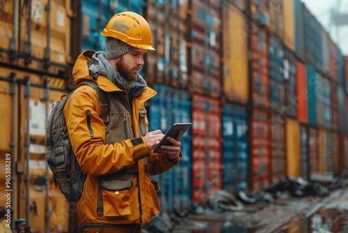 Worker using a tablet while standing next to colorful shipping containers at a logistics yard during the day