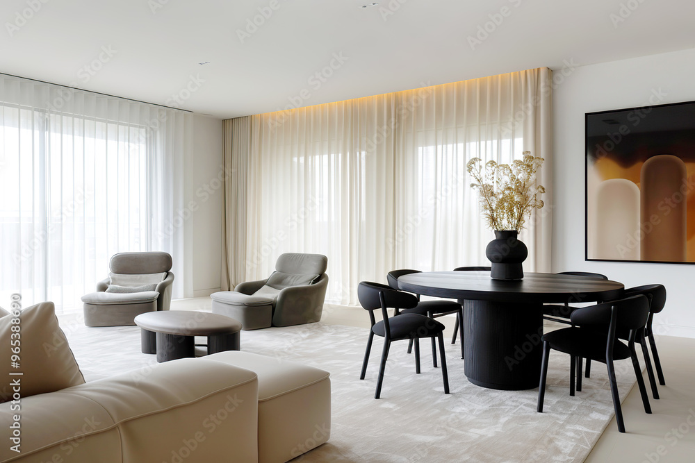Fototapeta premium Minimalist, japandi interior design of modern living room with dining table.