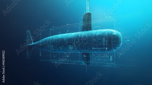 Submarine Using Sonar to Detect Underwater Structures with Detailed Display