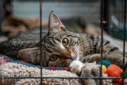 A stray homeless cat in an animal shelter cage. Stray homeless cat in animal shelter, abandoned hungry cat. World Cat Day, International Cat Day