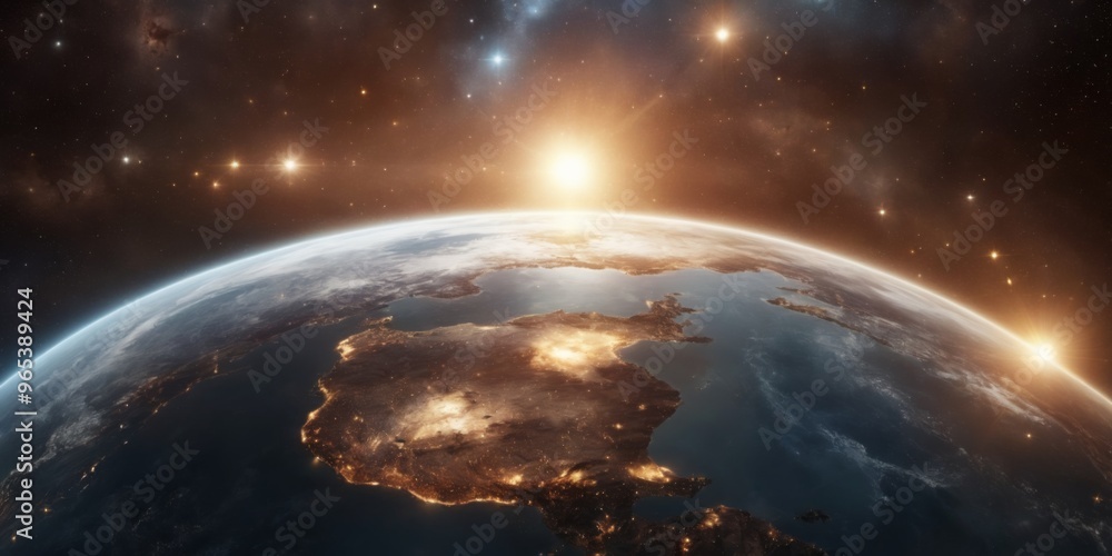 Fototapeta premium Earth from Space: Dark Background with Stars and Galaxies, Sun I