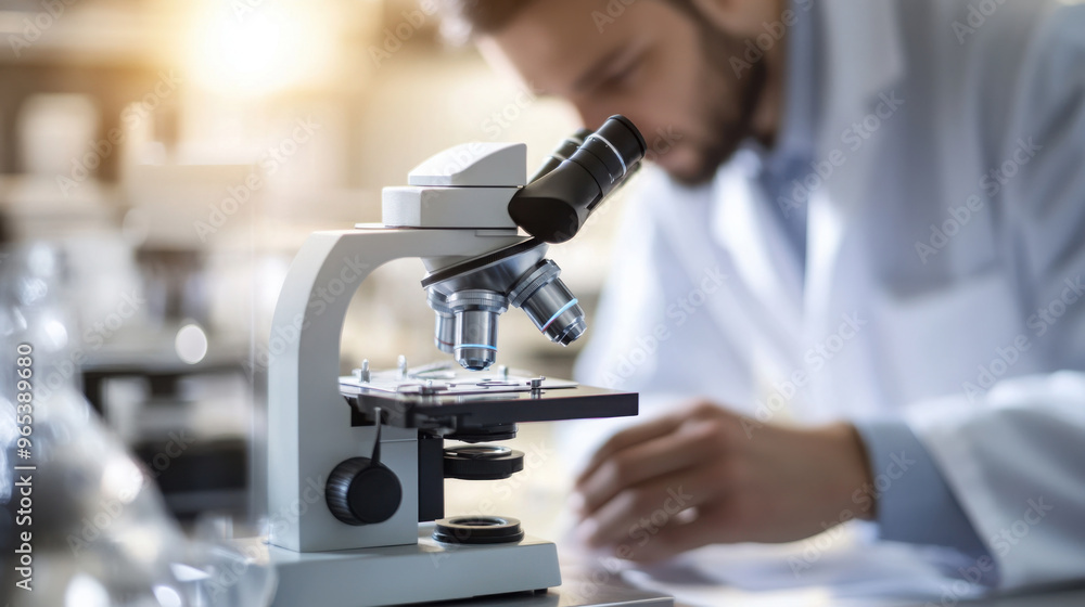 Scientist using a microscope in a laboratory, conducting research and analysis, focusing on scientific discovery and innovation Scientist using a microscope in a laboratory, conducting research and analysis, focusing on scientific discovery and innovation