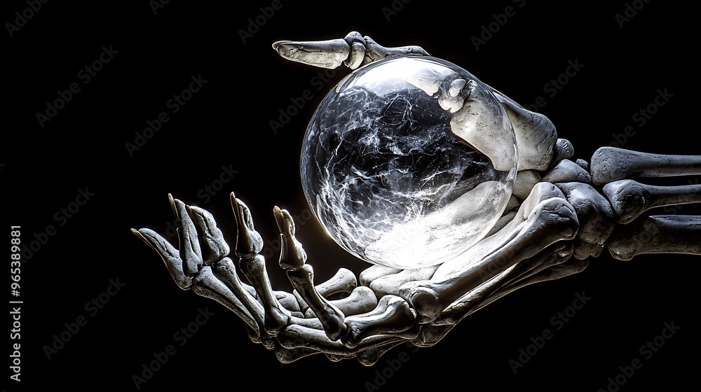 Close-up of a skeleton hand holding a glowing crystal ball, ultra-sharp focus, solid black background Close-up of a skeleton hand holding a glowing crystal ball, ultra-sharp focus, solid black background