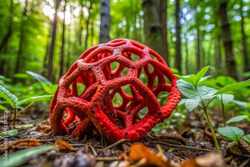 A large, fiery red fungus, Clathrus ruber, bursts forth from the earth's surface in a forest, its intricate lattice-like arms stretching towards the sky. photo