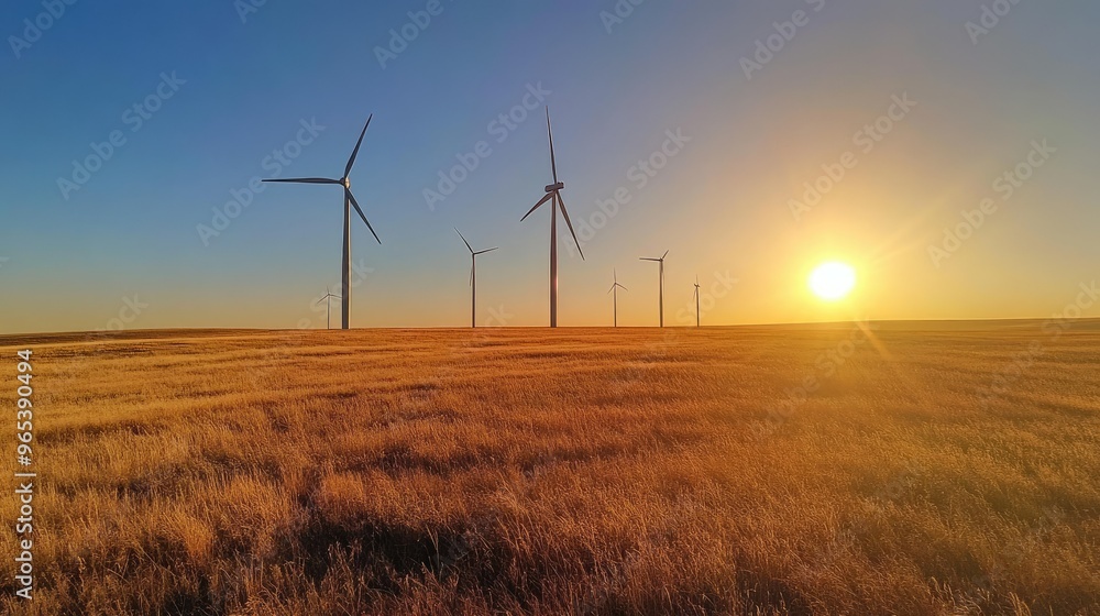Obraz premium Wind turbines in a vast field under a bright sun with plenty of sky for copy space.