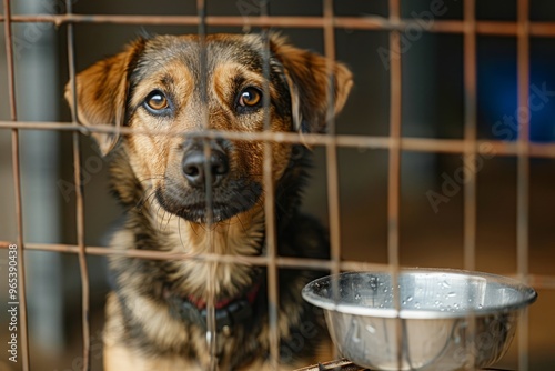 Abandoned pets! Stray homeless dog resting its head on its paws in an animal shelter cage! Stray homeless dog in animal shelter cage, abandoned hungry dog. streets shelter concept! photo