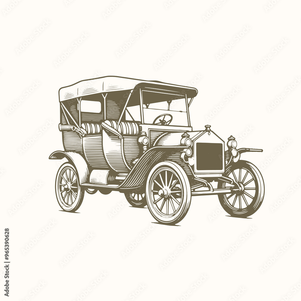 Classic Automobile in Engraving Style, Hand-Drawn Retro Car Illustration Classic Automobile in Engraving Style, Hand-Drawn Retro Car Illustration