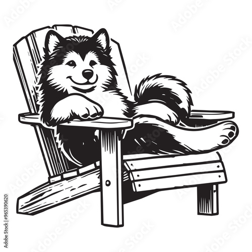 Alaskan Malamute Dog sitting in a chair Vector illustration in black and white
