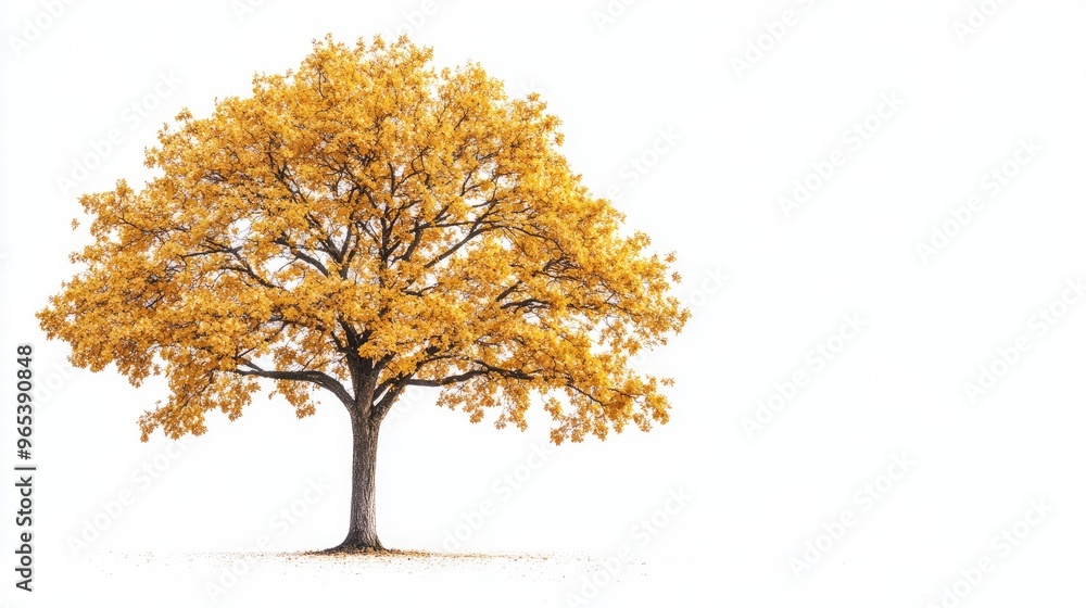 Naklejka premium A single oak tree with golden autumn leaves, isolated on a clean white backdrop for seasonal display.