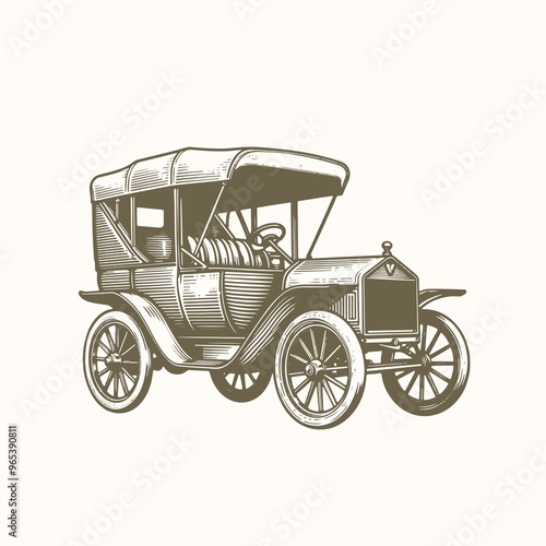 Retro Car Sketch in Engraving Style, Hand-Drawn Vector