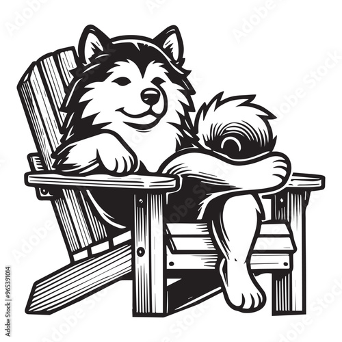 Alaskan Malamute Dog sitting in a chair Vector illustration in black and white
