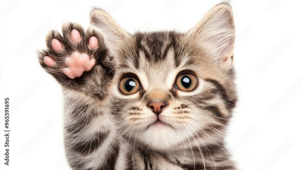 A kitten with its paw up in the air looking at something, AI A kitten with its paw up in the air looking at something, AI