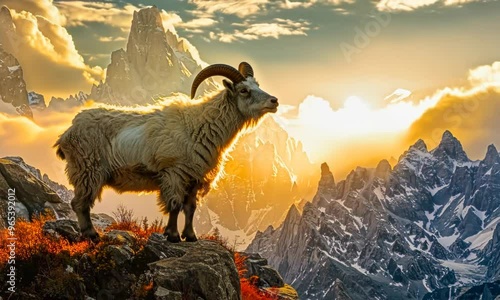 A majestic mountain goat perched on a rocky outcrop, surveying its alpine domain with watchful eyes. Video